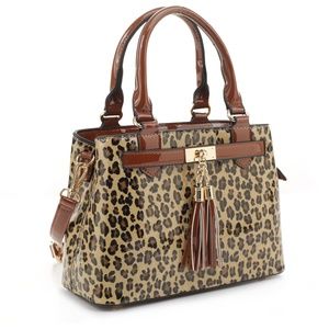 Women's Fashion Handbags - Leopard Print Tassel Bag- Brown